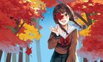  :d autumn autumn_leaves blue_skirt blue_sky bow bowtie braid brown_eyes brown_hair brown_shirt commentary_request day forest holding holding_leaf leaf long_hair looking_at_viewer maple_leaf nature one_eye_covered open_mouth original outdoors pleated_skirt red_bow red_neckwear school_uniform serafuku shinobu_(kobanatu) shirt skirt sky smile solo teeth translated twin_braids 
