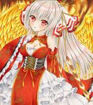  acrylic_paint_(medium) albino bare_shoulders breasts chinese_clothes cleavage cleavage_cutout corset detached_sleeves fujiwara_no_mokou large_breasts layered_skirt long_hair marker_(medium) pelvic_curtain petticoat red_eyes solo touhou traditional_media underbust wassmint white_hair wide_sleeves 