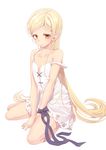  bare_shoulders barefoot black_ribbon blonde_hair collarbone dress full_body gaepeol highres kiss-shot_acerola-orion_heart-under-blade kizumonogatari long_hair looking_at_viewer monogatari_(series) pointy_ears ribbon simple_background sitting smile solo strap_slip very_long_hair wariza white_background white_dress yellow_eyes 