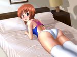  ass bed blush brown_eyes brown_hair competition_swimsuit doutanuki girls_und_panzer lamp looking_at_viewer lying nishizumi_miho on_bed on_stomach one-piece_swimsuit shadow short_hair solo swimsuit thighhighs 