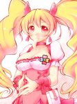  arakawa_tarou blonde_hair breasts choker cleavage cure_peach earrings fresh_precure! highres jewelry long_hair looking_at_viewer magical_girl medium_breasts meme_attire momozono_love mouth_hold pink_choker pink_eyes precure solo twintails virgin_killer_outfit 