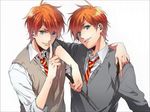  2boys blue_eyes brothers dress_shirt freckles fred_weasley george_weasley harry_potter male_focus multiple_boys necktie orange_hair school_uniform siblings simple_background striped_necktie sweater sweater_vest twins uniform wand white_background 