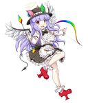  :d arrow bird_wings bobby_socks bow bow_(weapon) bowtie demon_tail fang full_body geta halo hat highres huyusilver long_hair looking_at_viewer male_focus mrs._estacion open_mouth oshiromi_reshino otoko_no_ko purple_hair red_eyes shoes skirt smile socks solo standing standing_on_one_leg tail tengu-geta very_long_hair weapon wings 