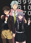  2girls aqua_hair bad_id bad_pixiv_id blue_eyes braid brown_hair card danganronpa danganronpa_kirigiri formal glasses grey_background hair_intakes hand_on_shoulder holding_hands kirigiri_kyouko lavender_eyes lavender_hair multiple_girls nanamura_suisei number okuragon pink_eyes pink_suit pinstripe_suit pleated_skirt purple_ribbon red_ribbon ribbon samidare_yui school_uniform short_hair shorts simple_background skirt striped suit twin_braids yellow_shorts 