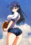 ahoge ass bare_legs basketball black_hair blue_buruma blush breasts buruma commentary_request day from_side grey_eyes gym_uniform kantai_collection large_breasts long_hair looking_at_viewer perepere-kun shiny shiny_clothes shiny_hair shiny_skin shirt short_sleeves sky solo surprised thighs underwear ushio_(kantai_collection) 