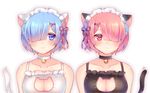  animal_ears bell bell_choker black_bra blue_eyes blue_hair blush bra breasts cat_cutout cat_ears cat_lingerie cat_tail choker cleavage cleavage_cutout hair_ornament hair_over_one_eye hair_ribbon large_breasts looking_at_viewer maid_headdress meme_attire multiple_girls pink_eyes pink_hair pink_ribbon purple_ribbon ram_(re:zero) re:zero_kara_hajimeru_isekai_seikatsu rem_(re:zero) ribbon short_hair siblings simple_background sisters tail twins underwear upper_body white_background white_bra x_hair_ornament yuduki 