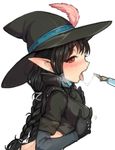  black_gloves black_hair blush braid cropped_jacket elf feathers fountain_pen gloves hat hat_feather jorin long_hair mabinogi pen pointy_ears red_eyes saliva saliva_trail self_fondle sexually_suggestive solo tongue tongue_out twin_braids white_background yvona 