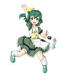  :d apron ascot dress full_body green_hair highres huyusilver looking_at_viewer loose_socks mary_janes mrs._estacion open_mouth orange_eyes shoes side_ponytail smile socks solo tanabata_furin tareme waist_apron waving wind_chime 