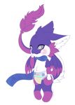  amazonianashe anthro cub diaper dragon fur furred_dragon paws purple_fur scarf silver_eyes solo wet_diaper wings young 