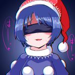  anaglyph black_dress blindfold blue_hair blush capelet chromatic_aberration chromatic_aberration_abuse doremy_sweet dress facing_viewer hat head_tilt heart heavy_breathing hex_aaaane nightcap pom_pom_(clothes) pov shaded_face solo sweat symbol-shaped_pupils touhou upper_body 