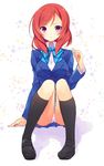  absurdres black_legwear blazer harimoji highres jacket loafers love_live! love_live!_school_idol_project nishikino_maki otonokizaka_school_uniform panties pantyshot pantyshot_(sitting) purple_eyes red_hair school_uniform shoes short_hair sitting solo underwear 