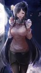  black_hair black_legwear blue_eyes blurry blush breasts can daidou_(demitasse) depth_of_field folded_hair hair_ornament hair_over_one_eye hairclip highres holding holding_can hood hood_down hooded_sweater large_breasts long_hair long_sleeves looking_at_viewer night night_sky open_mouth original outdoors pantyhose ribbed_sweater sidelocks skirt sky solo striped sweater vending_machine vertical_stripes very_long_hair zipper 