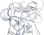  2016 belt big_eyes big_head blush clothed clothing crossgender digital_drawing_(artwork) digital_media_(artwork) duo eyebrows eyelashes eyes_closed female female/female hair hand_holding hat jacket kissing league_of_legends mammal monochrome pants ponytail riot_games robes romantic_couple scarf shirt side_view signature simple_background sketch slim spot_color teemo veigar veigar-chan video_games white_background wizard_hat yordle 