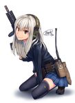  black_eyes dreadtie gun headphones highres kneeling long_hair original radio signature silver_hair simple_background solo thighhighs uniform weapon 