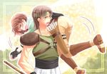  1girl :o ass blush boots carrying carrying_over_shoulder cowboy_shot fingerless_gloves fire_emblem fire_emblem:_thracia_776 gloves headband orsin_(fire_emblem) pants short_hair shouting tanya_(fire_emblem) v-shaped_eyebrows yoshi_(taiko7) 