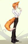  5_fingers animal_humanoid canine clothed clothing eyebrows fox fur humanoid male mammal moenkin orange_eyes orange_fur simple_background slim smile solo standing white_background white_skin 