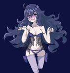  1girl blush bow breasts hex_maniac_(pokemon) lingerie long_hair nightgown pokemon purple_hair ribbon solo thighhighs underwear 