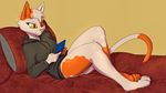  2015 anthro bed cat clothing feline fur hobbsmeerkat hoodie mammal orange_fur pillow reclining slit_pupils video_games 