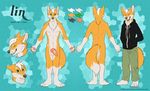  2016 animal_genitalia animal_penis anthro balls canine canine_penis chest_tuft clothed clothing english_text eyes_closed forbiddenvixen fox green_eyes grin hair hands_in_pockets hoodie knot male mammal model_sheet nude penis smile solo standing text tuft white_hair 