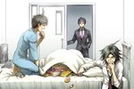  ahoge bed black_hair brown_hair candy chips covering covering_mouth danganronpa danganronpa/zero food formal green_eyes hand_in_pocket hinata_hajime hospital_bed hospital_gown kirigiri_jin kneeling loose_necktie male_focus manga_(object) matsuda_yasuke multiple_boys necktie on_bed opening_door purple_eyes purple_hair purple_neckwear suit super_danganronpa_2 sweat wrapped_candy youko-shima 