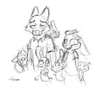  2016 ambiguous_gender angry anthro buckteeth canine clothed clothing cub digital_media_(artwork) disney eyes_closed eyewear female fox fur glasses grivaire group humor judy_hopps lagomorph male mammal monochrome nick_wilde rabbit simple_background sketch smug teeth white_background wide_eyed young zootopia 