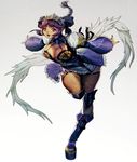  bad_aspect_ratio boots braid breasts cleavage crown demons_code detached_sleeves hair_ornament homare_(fool's_art) juliet_sleeves knee_boots large_breasts long_sleeves looking_at_viewer miniskirt non-web_source puffy_sleeves purple_eyes purple_hair simple_background skirt smile solo 
