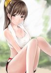  anegasaki_nene bad_id bad_pixiv_id bare_shoulders blush breasts brown_eyes brown_hair cleavage crop_top knees_together_feet_apart large_breasts long_hair looking_at_viewer love_plus mole mole_under_eye nannacy7 ponytail sitting smile solo towel towel_around_neck 