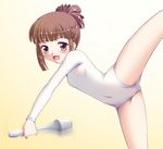  1girl :d ballerina bangs blunt_bangs blush breasts brown_hair cameltoe flat_chest gradient gradient_background hair_bun leotard long_sleeves looking_at_viewer nipples one_leg_raised open_mouth see-through solo standing_on_one_leg yellow_eyes 