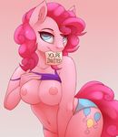  2016 anthro anthrofied areola breasts clothed clothing cutie_mark earth_pony english_text equine evehly female friendship_is_magic fur hair hi_res horse looking_at_viewer mammal mouth_hold my_little_pony navel nipples pink_fur pink_hair pinkie_pie_(mlp) pony solo text underwear 