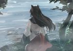  animal_ears bad_id bad_twitter_id brown_hair dress from_behind grass ichiba_youichi imaizumi_kagerou long_hair long_sleeves multicolored multicolored_clothes multicolored_dress peaceful red_dress soaking_feet solo touhou tree water white_dress wide_sleeves wind wolf_ears 