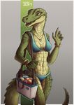  5_fingers alligator anthro bikini breasts claws clothing crocodilian detailed invalid_color lolzguy midriff non-mammal_breasts open_mouth reptile scales scalie smile swimsuit teeth tongue walking waving wide_hips 