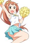  anbe_masahiro arm_up armpits arms_up bow brown_eyes brown_hair cheerleader hair_ornament hair_scrunchie idolmaster idolmaster_cinderella_girls knee_up long_hair looking_at_viewer navel open_mouth pleated_skirt pom_poms ponytail scrunchie shirt skirt sleeveless sleeveless_shirt smile solo wakabayashi_tomoka white_background 