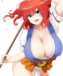  :d breasts cleavage collarbone commentary covered_nipples cowboy_shot downblouse fundoshi hair_bobbles hair_ornament hanging_breasts highres holding holding_weapon huge_breasts japanese_clothes leaning_forward loincloth looking_at_viewer mattari_yufi no_bra obi onozuka_komachi open_mouth puffy_short_sleeves puffy_sleeves red_eyes red_hair sash scythe shiny shiny_skin short_sleeves smile solo thighs touhou two_side_up v-shaped_eyebrows weapon white_background 