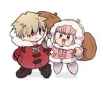  1girl andou_ruruka beanie blonde_hair blush_stickers boots check_commentary coat commentary commentary_request danganronpa danganronpa_3 fur-trimmed_jacket fur_trim hat ice_climber izayoi_sounosuke jacket mallet moyoko over_shoulder pink_eyes pink_hair red_eyes short_hair smile solid_oval_eyes weapon weapon_over_shoulder 