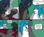  anthro blue_eyes blue_hair calheb-db canine duo english_text erection grey_tail hair male male/male mammal open_mouth penis perineum tagme teeth text tongue tongue_out uncut wolf yellow_eyes 