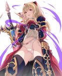  40hara armor black_legwear blonde_hair breasts dress dress_lift gauntlets gesugao granblue_fantasy large_breasts long_hair looking_at_viewer navel open_mouth panties red_eyes sheath shoulder_armor simple_background solo sword thighhighs underwear unsheathed vira_lilie weapon white_background white_panties 