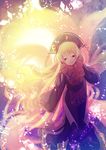  blonde_hair chinese_clothes crescent dress fox_tail half-closed_eyes junko_(touhou) long_hair long_sleeves makuwauri multiple_tails red_eyes smile solo tabard tail touhou very_long_hair 