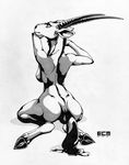  2016 antelope anthro armpits bare_back black_and_white black_nose breasts ecmajor female fur hooves horn kneeling mammal monochrome nude oryx ridged_horn side_boob simple_background solo white_background wide_hips 