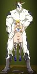  1boy 1girl bestiality blonde_hair blush breasts fairy_tail full_body gradient gradient_background legwear lucy_heartfilia nipples pussy shaved_pussy taurus_(fairy_tail) 