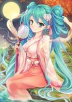  alternate_hairstyle aqua_eyes aqua_hair autumn_leaves blush breasts bug butterfly chinese_clothes chuushuu_meigetsu_miku closed_mouth commentary_request fan floral_print flower from_side full_moon glowing_butterfly goushou grass hagoromo hair_flower hair_ornament hanfu hatsune_miku holding holding_fan insect long_hair long_sleeves looking_at_viewer looking_to_the_side medium_breasts moon night night_sky paper_fan river rock sash shawl sitting sky smile soaking_feet solo stone_lantern tree twintails uchiwa very_long_hair vocaloid wide_sleeves 