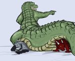  2015 all_fours alligator ambiguous_gender anthro avian crocodile crocodilian crush dragon feral group gryphon heavy kuiko looking_back lying macro micro reptile sat_on scalie simple_background sitting size_difference 