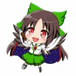  :d arm_cannon bird_wings black_hair black_wings blush bow cape chibi commentary_request frilled_shirt_collar frills full_body green_bow green_skirt hair_bow honda_takaharu jpeg_artifacts long_hair looking_at_viewer lowres mismatched_footwear open_mouth puffy_short_sleeves puffy_sleeves red_eyes reiuji_utsuho shirt short_sleeves skirt smile solo third_eye touhou weapon white_background wings yellow_shirt 
