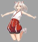  bare_shoulders brown_eyes collarbone commentary_request full_body hachimaki headband high_ponytail japanese_clothes jonylaser kantai_collection outstretched_arms pants parted_lips red_pants silver_hair sleeveless smile socks solo spread_arms white_legwear zuihou_(kantai_collection) 