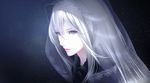  blue erise grey_eyes hair_between_eyes light_particles long_hair nose original pale_skin parted_lips realistic see-through solo upper_body veil white_hair 