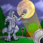  artificial_moon artificial_moonlight bench canine claws crimsoneclipse feral_paw grass lawn male mammal night park pawpads paws star transformation tree were werewolf wolf 