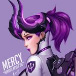  alternate_costume bodysuit character_name chromatic_aberration dark_persona demon_horns ears emblem english eyelashes eyeliner facial_mark from_behind from_side hai_nguyen highres horns imp_mercy lips lipstick looking_at_viewer looking_back looking_to_the_side makeup mechanical_wings mercy_(overwatch) nose overwatch patch ponytail portrait profile purple_background purple_eyes purple_hair purple_lipstick realistic sideways_glance signature simple_background solo wings 