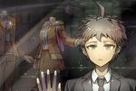  ahoge brown_hair danganronpa danganronpa_3 display game_console green_eyes hinata_hajime kibougamine_gakuen_school_uniform male_focus reflection school_uniform solo spoilers super_danganronpa_2 upper_body window youko-shima 