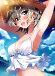  absurdres anastasia_(idolmaster) ariaridoradora armpits arms_up blue_eyes blush breasts cleavage cloud cloudy_sky day hat highres idolmaster idolmaster_cinderella_girls medium_breasts navel ocean open_mouth outdoors short_hair silver_hair sky smile solo straw_hat 
