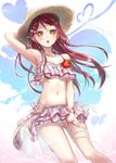  :o ao+beni armpits blush corsage earrings floral_print flower frilled_skirt frills hair_ornament hairclip hand_on_headwear hat heart jewelry leg_garter lips long_hair looking_at_viewer love_live! love_live!_sunshine!! midriff navel necklace red_hair sakurauchi_riko signature skirt solo straw_hat yellow_eyes 