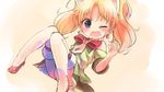  1girl blonde_hair blue_eyes bow dutch_angle earrings fang jewelpet looking_at_viewer miria_marigold_mackenzie one_eye_closed open_mouth red_bow red_shoes shoes sitting solo thighhighs white_legwear 